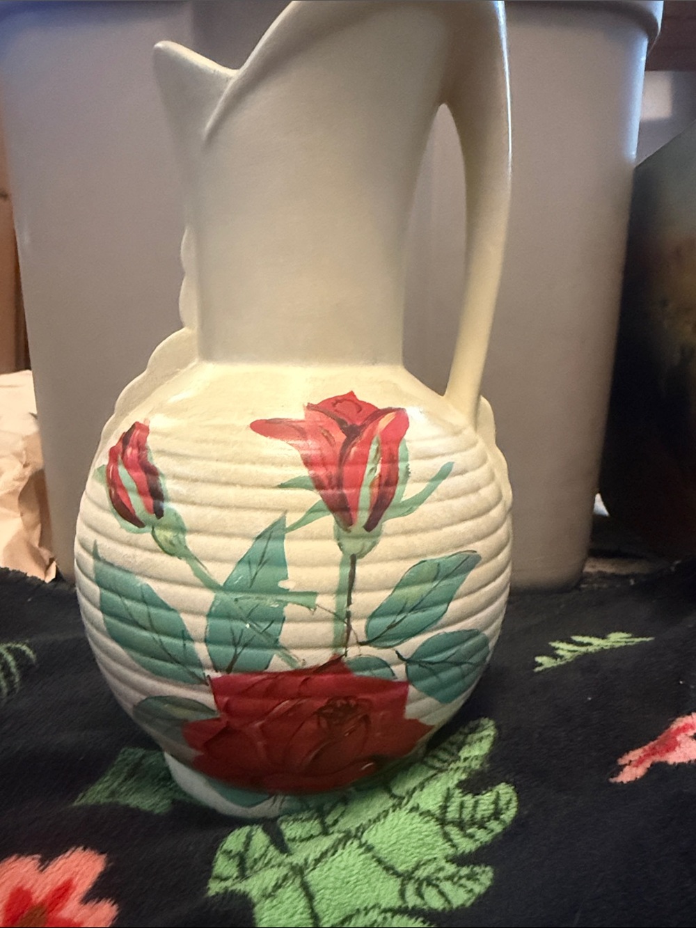 Cream Ceramic Pitcher with Red Rose Motif from England